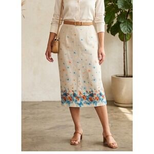 Vintage Y2K Mary McFadden Linen Floral Midi Skirt 10 Beige Butterfly Cottage Art